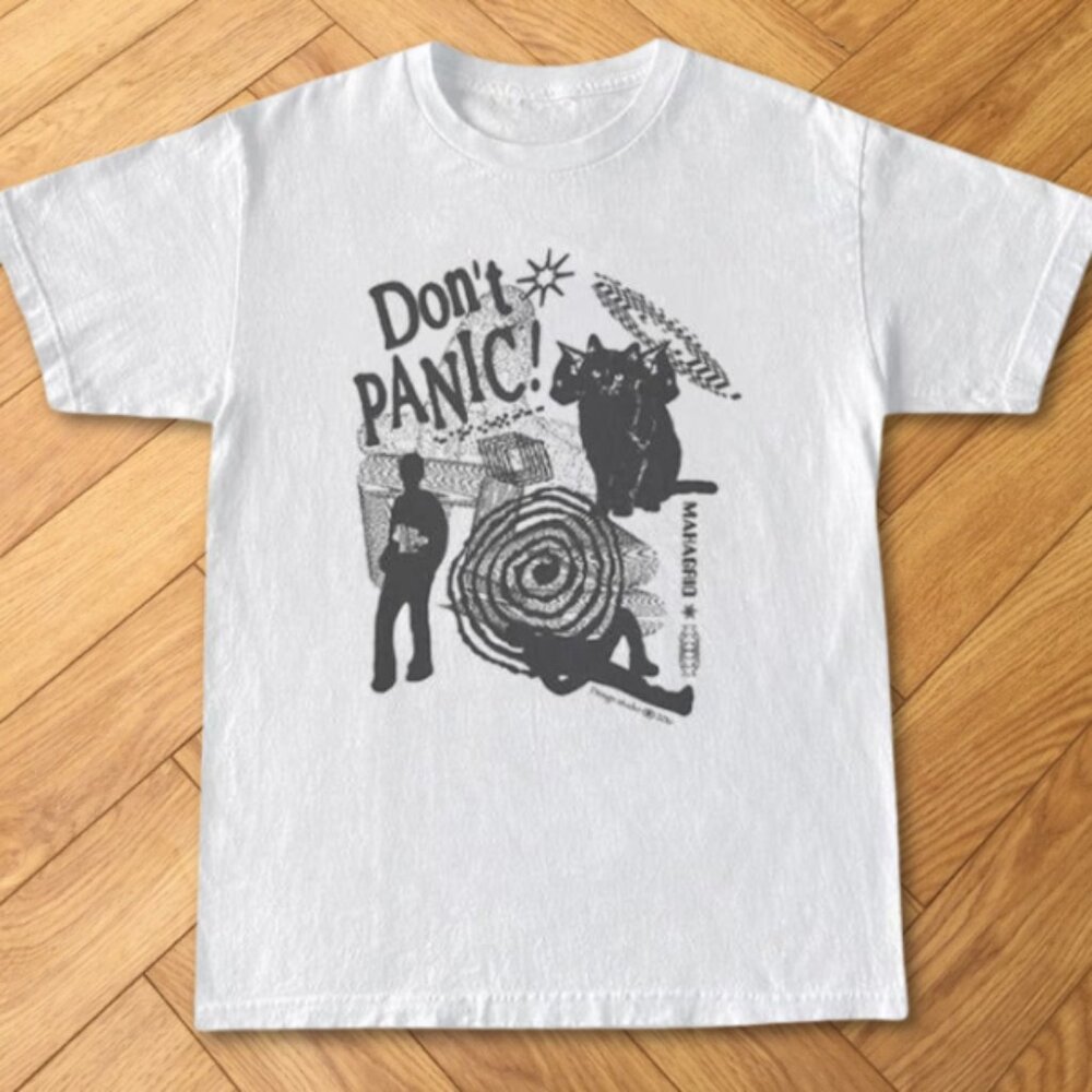White Don’t Panic Abstract Multi-Headed Cat Surreal Graphic Tee